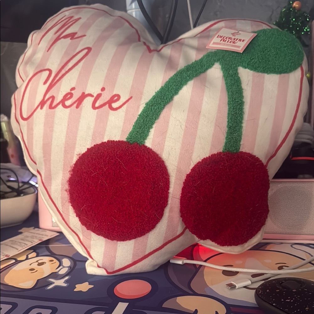 Heart Pillow with Red and Green Cherry Design